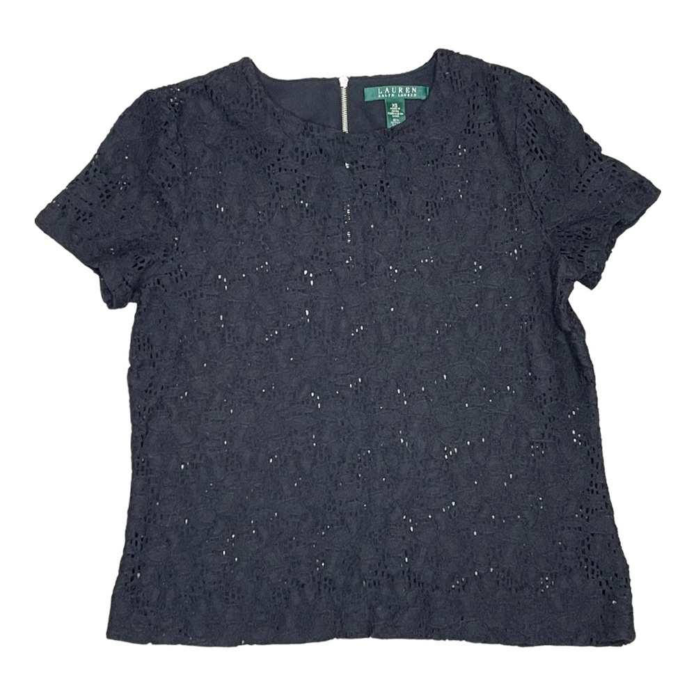 Lauren Ralph Lauren Navy Black Eyelet Lace Short Sleeve Blouse Top XSmall